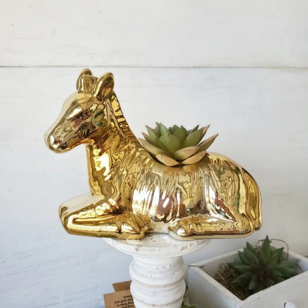 Chic Gold Zebra & Faux Succulent Planter Decor